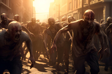 Fototapeta premium Group of zombies running on city street at sunset or sunrise. Neural network generated image. Not based on any actual person or scene.