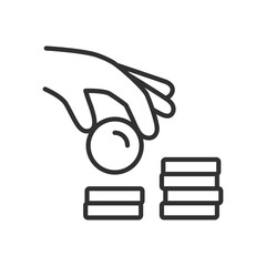 Hand puts a coin on a stack of coins, linear icon. Line with editable stroke