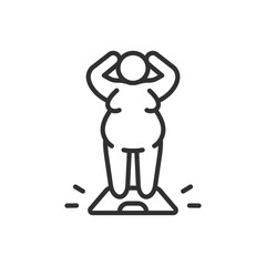 An overweight person surprised at the weight on the scale, linear icon