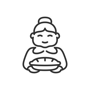 recommend clip art: Old woman with a pie, linear icon. An old woman, a grandmother baked a pie. Line with editable stroke