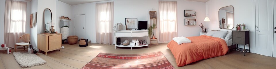 panorama of large traditional furnished bedroom , generated by AI