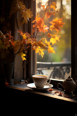 Naklejka na ściany i meble a cup of hot coffee on the old windowsill. autumn outside the window. Generative AI