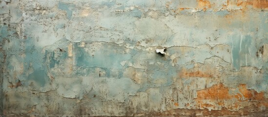 Faded green paint on textured metal surface with rusty specks