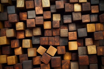 Wooden cubes arranged as a textured and patterned background. Generative AI