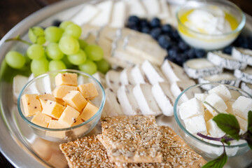 plate with various cheeses and snacks