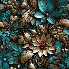 Seamless victorian ornaments floral decoration background with golden elements, ai design