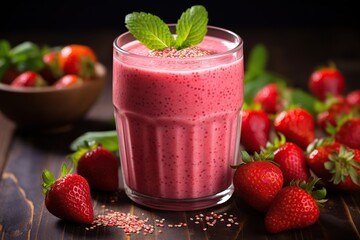 A glass of fresh strawberry milkshake, smoothie and fresh strawberries on a dark background. Healthy food and drink concept. Generated by artificial intelligence - Powered by Adobe