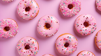 tasty glazed donuts on pink background