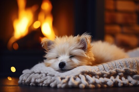 A comforting image of a fluffy white puppy, warm and cozy by a roaring fireplace 