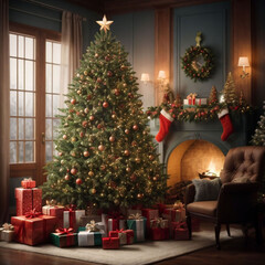 Light garland Christmas tree decor presents new year night interior
