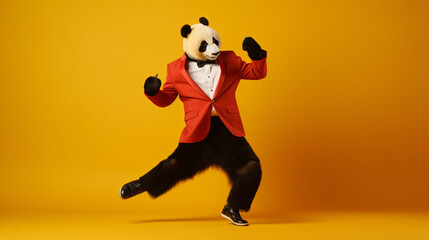 Fototapeta na wymiar Photo of modern dancer panda guy dance