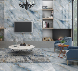 Stylish modern living room featuring blue couch, marble coffee table, dried flowers, custom lamp, and floor tiles with blue designs made of marble, in 3D render and 3D illustration.