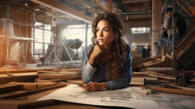 Young female architect sitting in front of drawings on construction site background