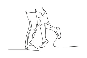 Single continuous line drawing young happy man and woman couple legs, try to hug and kiss each other. Romance marriage proposal story concept. Dynamic one line draw graphic design vector illustration
