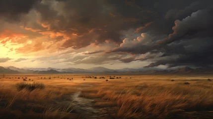 Tuinposter Today at 1-03 AM thundercloud, looming storm, western plains, high grass, photorealistic, 8k © Orxan