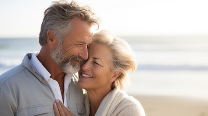 Middle-aged loving couple gazing into eyes sharing moment with connection enriched by countless shared experiences. Adult couple with love stronger over years nurtured by wonderful shared experience
