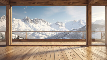 Wooden floor with winter mountain view