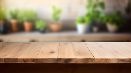wooden kitchen table with blurred background
