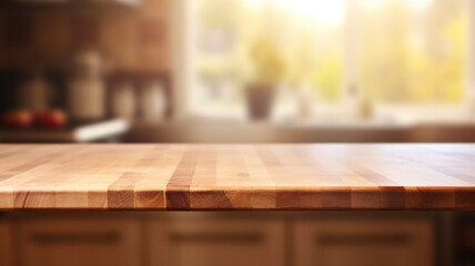 wooden kitchen table with blurred background