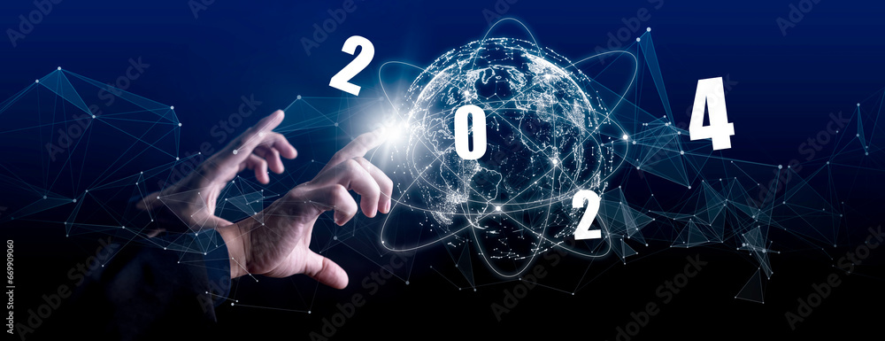 Poster 2023 change 2024 new year and business planning concept. businessman's hands touching global network