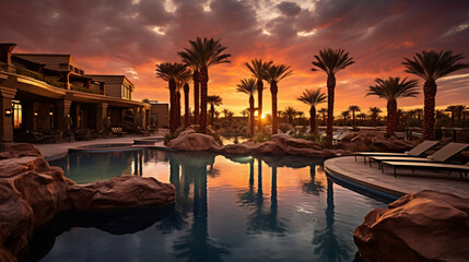 Fototapeta na wymiar Arizona resort with pool during sunset