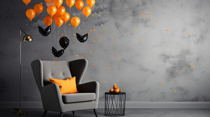 Armchair table Halloween balloons and bats hanging