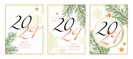 2024 year with snowflake and pine on a white background. Merry Christmas and Happy New Year greeting cards. Set of 3 vector illustration.	