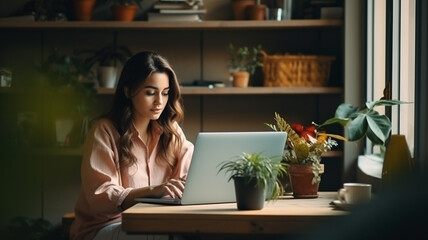 young woman with laptop in cafe