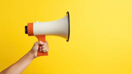 Hand holding Speaker Megaphone copy space Yellow Background. AI generated image
