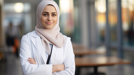 A joyful young Muslim woman, a medical student at university, wearing a hijab and confidently standing with her arms crossed while dressed in a scrub