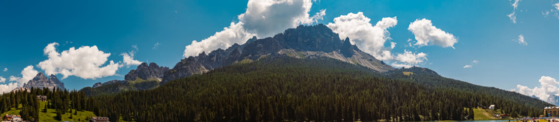 High resolution stitched alpine summer panorama at Lago di Misurina, Lake Misurina, Dolomite mountains, Belluno, Venetien, Italy