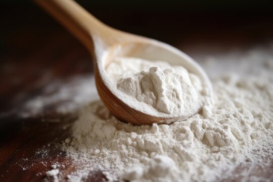 Macro photography of flour with a wooden spoon close-up, light direction