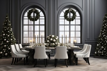 Banquet hall with dining table and Christmas trees