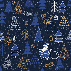Merry Christmas, Happy New Year seamless pattern with snowflakes and bells for greeting cards, wrapping paper. Doodles. Seamless colorful winter pattern. Vector illustration.