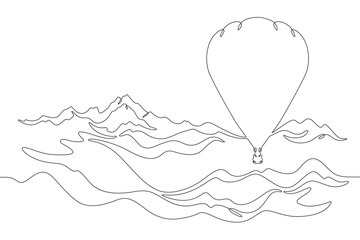 Hot air balloon in flight. A ball flying in the sky. Beautiful mountain landscape. High mountain peak. One continuous line drawing. Linear. Hand drawn, white background.