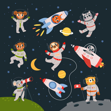 Space adventures animals set. Cute animal wear suits and flying in universe. Game children characters, funny kids stickers classy vector templates © LadadikArt
