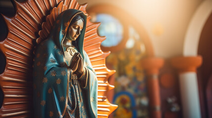 Fototapeta premium Statue of Saint Mary of Guadalupe (Virgen de Guadalupe) in honor of the celebration of the Mexican holiday of December 12
