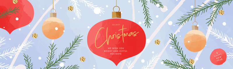 Merry Christmas and Happy New Year greeting web banner. Modern Xmas art doodle design with typography, beautiful Christmas tree, balls and snowflake pattern. Minimal card, flyer, layout, poster, cover - obrazy, fototapety, plakaty