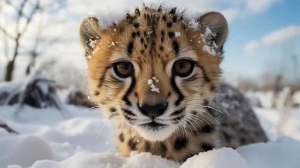 Gartenposter Close-up on a three months old cheetah cubs on the snow © mariiaplo