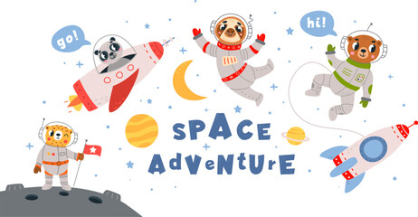 Space travel and adventure animals print. Astronauts wear suits and helmets and flying in universe in rocket. Funny animal classy children vector design