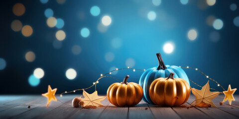 Pumpkins with fall leaves against a starry blue sky