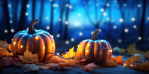 Pumpkins with fall leaves against a starry blue sky - obrazy, fototapety, plakaty