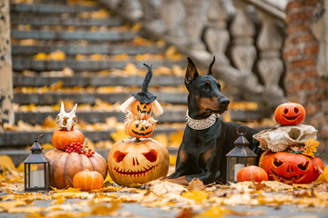 Doberman, autumn locations, Halloween, yellow leaves, pumpkins