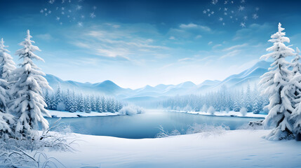 Design a serene winter landscape with a frozen lake and intricately detailed snowflakes gently descending, creating a tranquil and highly detailed snowflakes background.