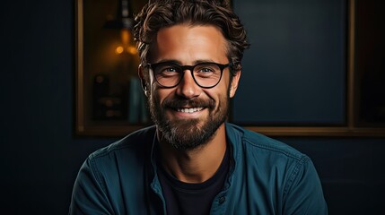 Fototapeta premium Young handsome man with beard wearing casual sweater and glasses over background happy face smiling with crossed arms looking at the camera. Man portrait illustration. Generative AI