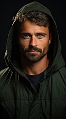 Handsome man in green hoodie on background. Man portrait illustration. Generative AI