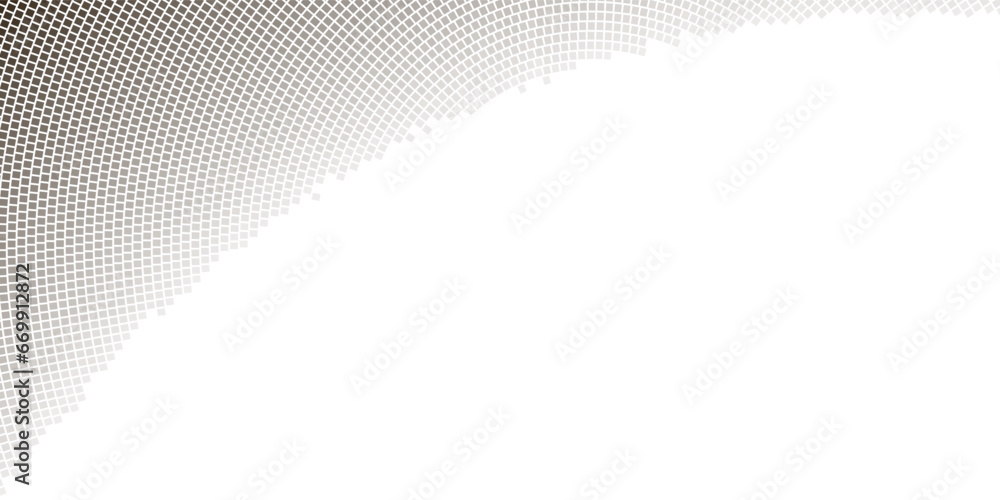 Aufkleber pixel corner with a radial halftone raster gradient pattern of small black squares on a white backgr