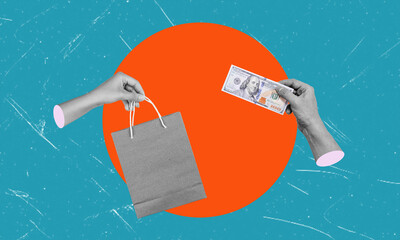 Poster collage showing two human hands accepting a parcel with cash payment for an internet order.