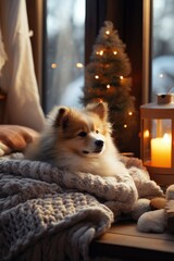 A fluffy puppy napping on a soft, cozy blanket in front of a roaring fireplace 