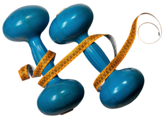 Two blue dumbbells for workout or fitness, free weights, and an orange tape measure. Isolated on white or transparent background, png.